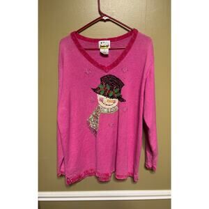 Quacker Factory pink V-neck Christmas sweater beaded and sequined snowman